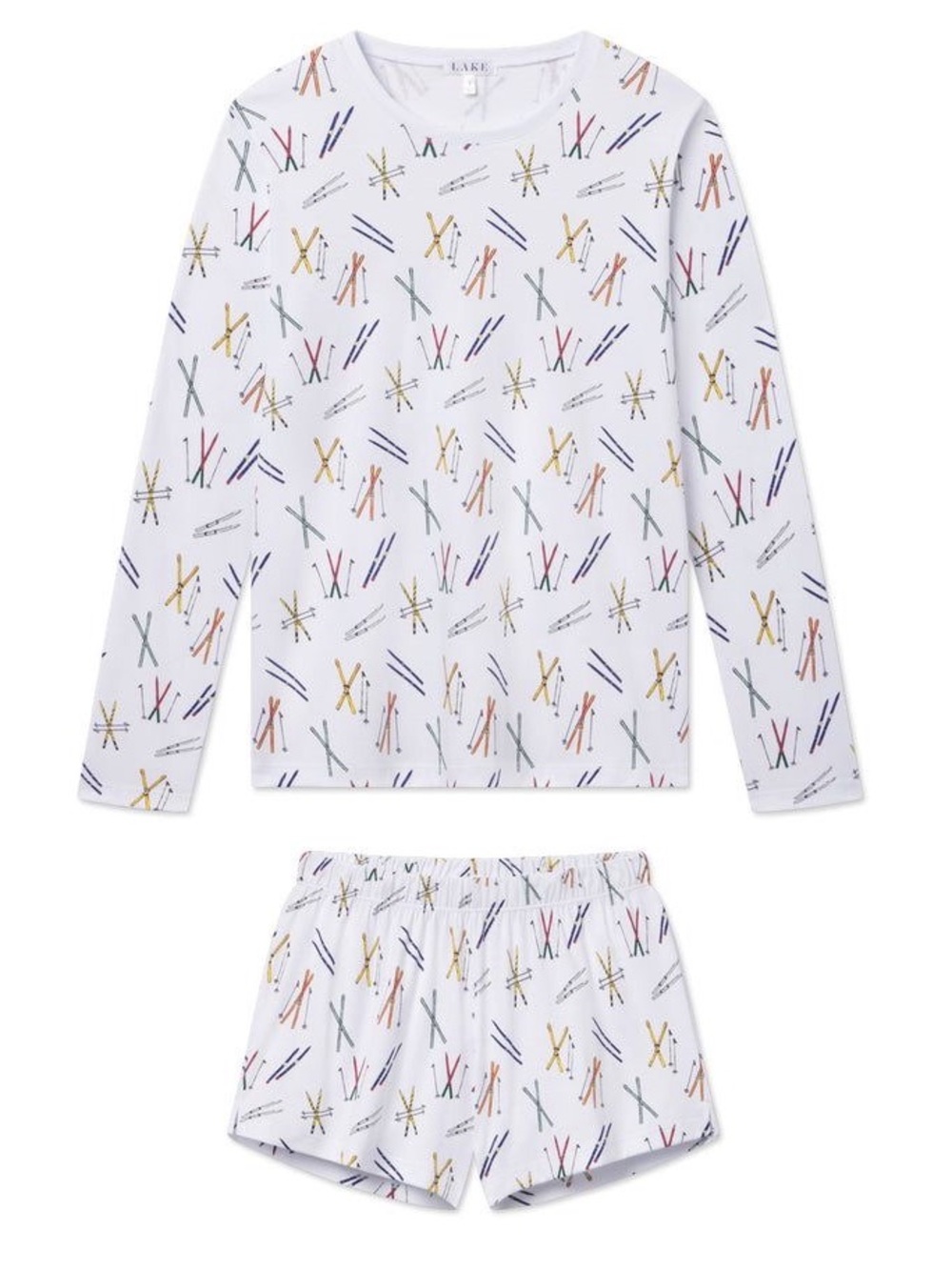LAKE Pima Pajama Set Vintage Skis Long Sleeve Shorts White Size Large